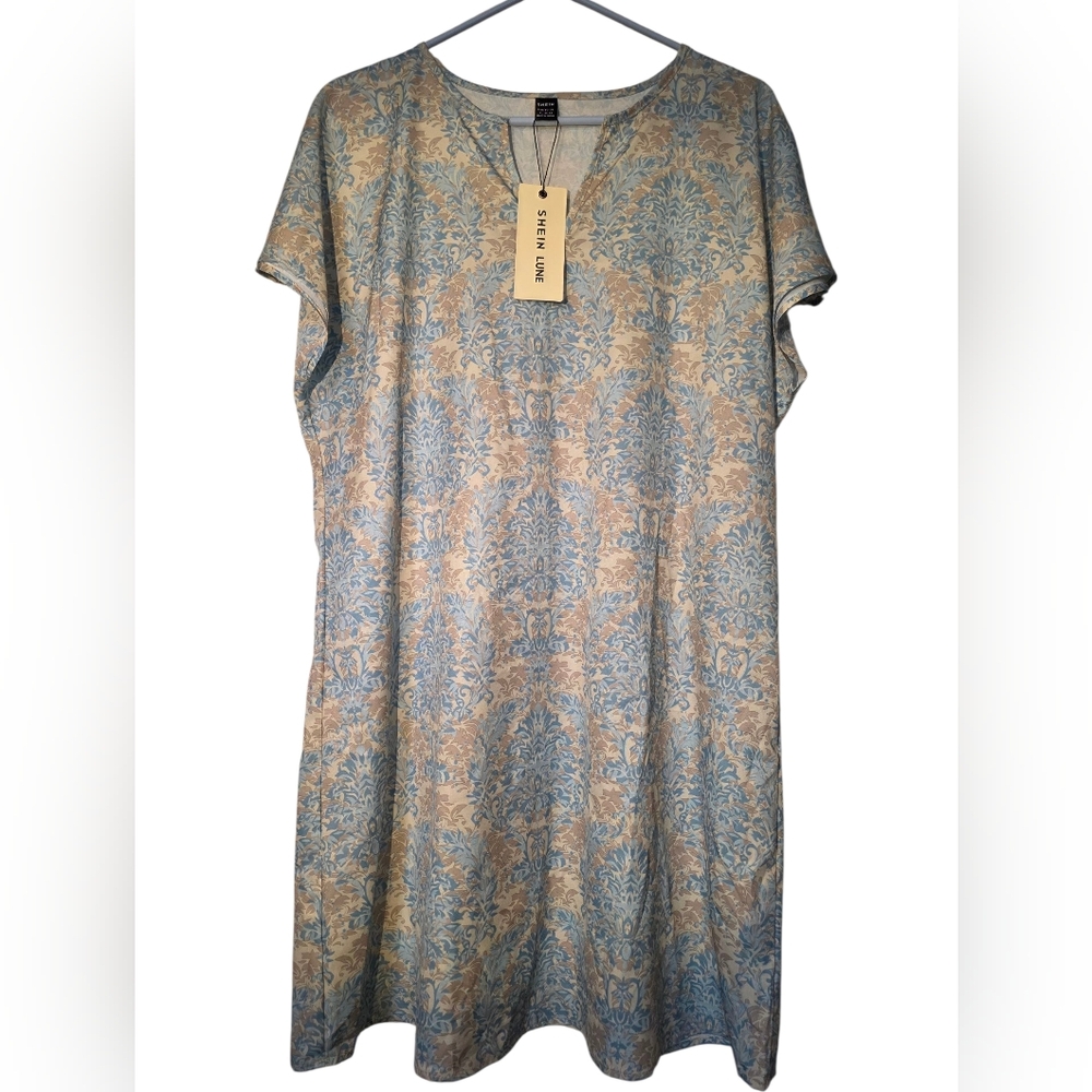 SHEIN LUNE Blue and Beige Floral Boho Dress Nightgown NWT XL